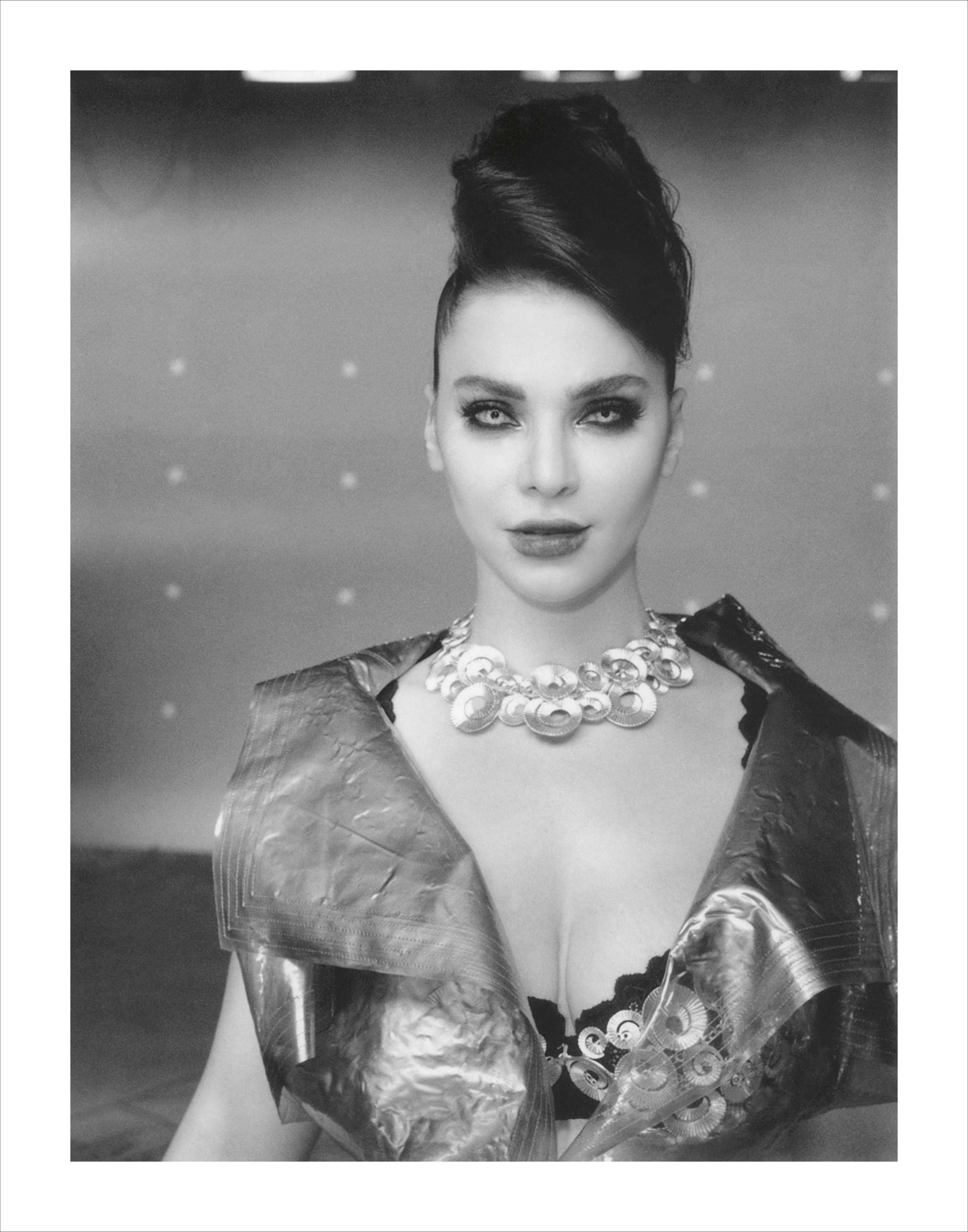 Fashion portrait, woman with dramatic updo — Polaroid