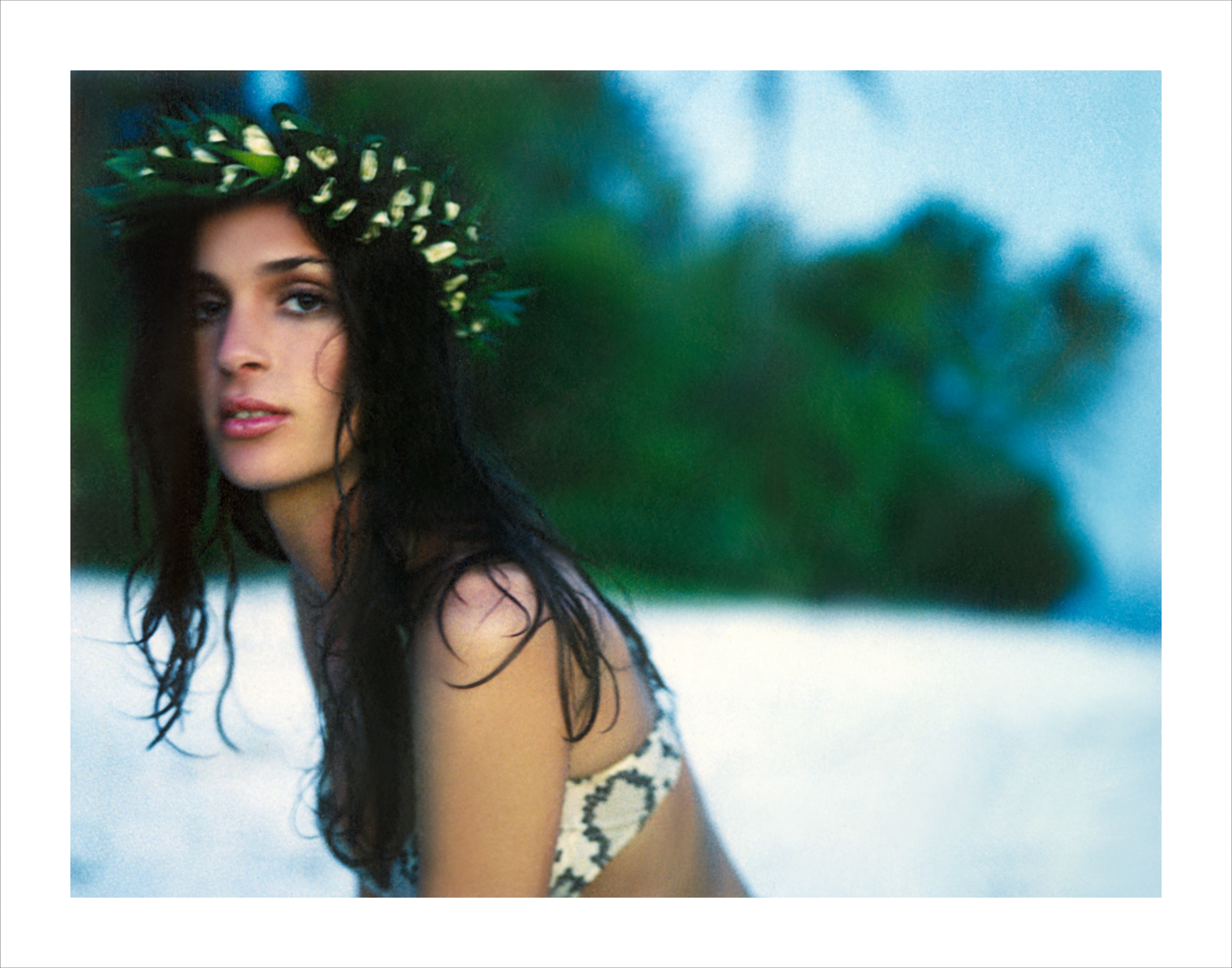 Woman wearing a floral crown on a beach in Bora Bora — original Polaroid photograph by Philip RANG ACS