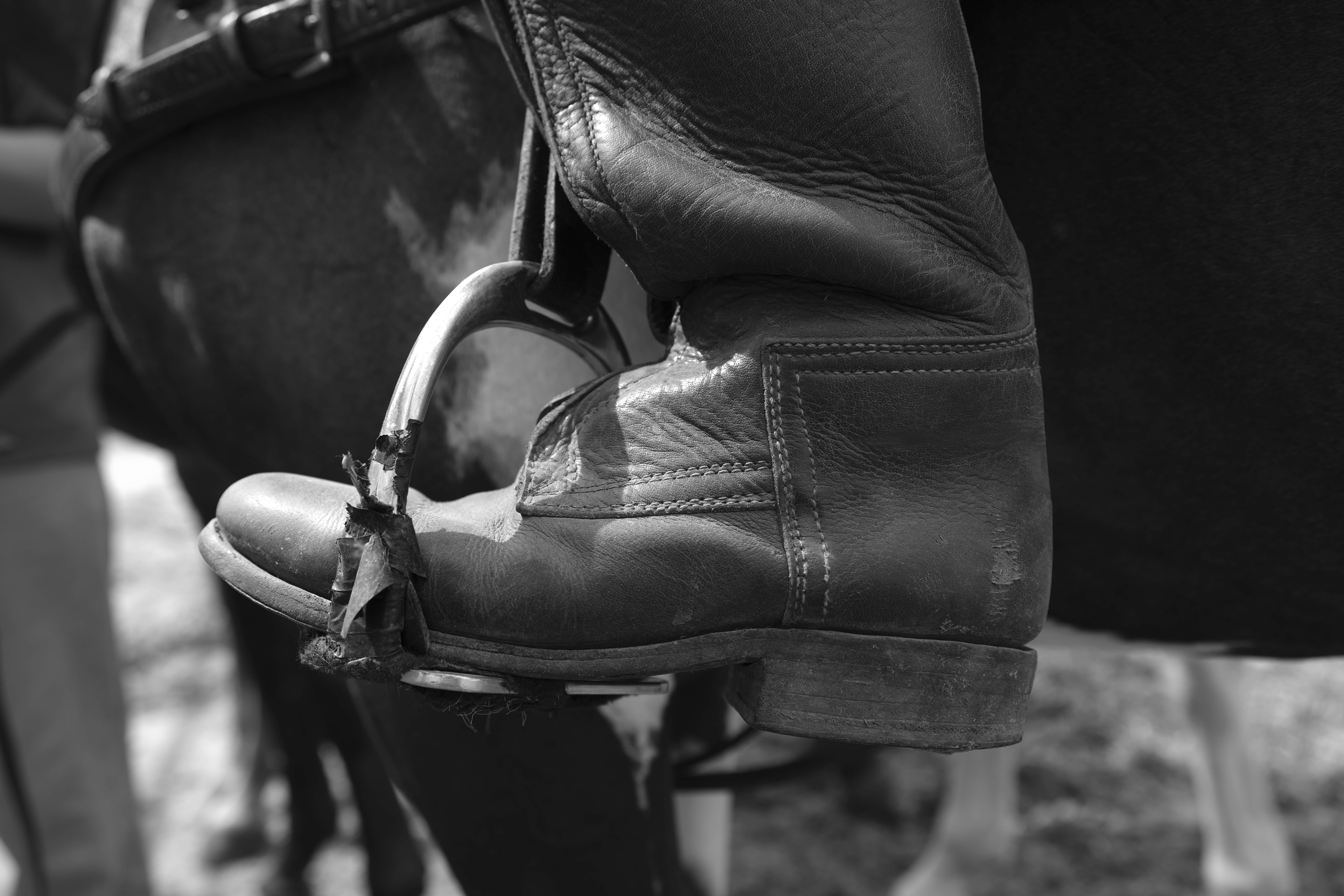 Worn leather boot in stirrup, spur visible, horse flank behind — Été à Saint-André-d'Hébertot, Normandy 2025
