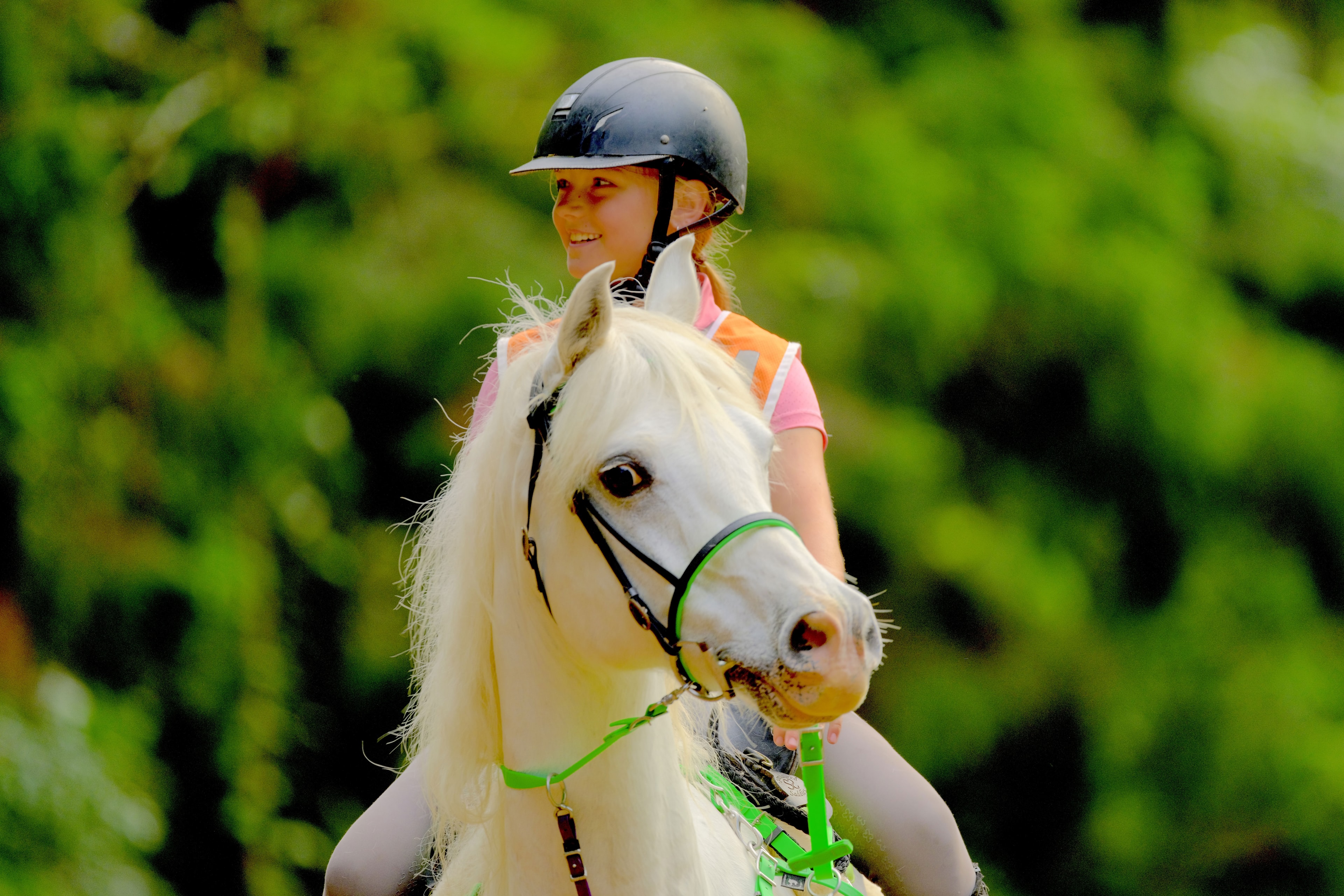 Young rider on white pony, green foliage — Queensland